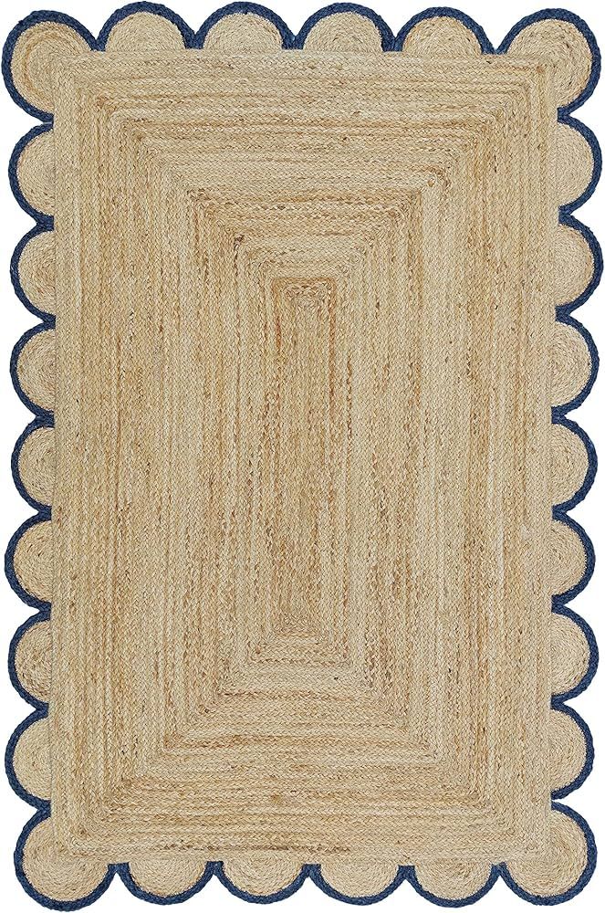 Scalloped Natural Jute Area Rug, Navy Trim, 2'6"x8' | Amazon (US)