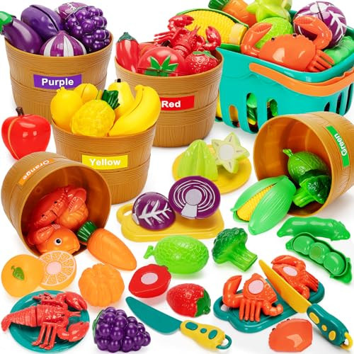 TooyBing Play Food Set for Kids Kitchen- 68 Pcs Kitchen Food Toy for Toddlers, Cutting & Color Sorting Fake Food/ Fruit/ Vegetable Accessories, Birthday Gifts for 2 3 4 5 Years Old Boys Girls | Amazon (US)