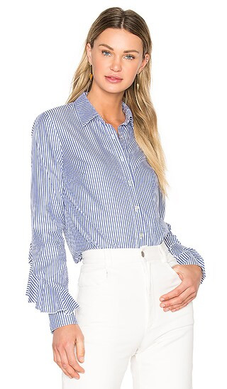 SUNO Ruffle Sleeve Button Down Shirt in Striped Shirting | Revolve Clothing