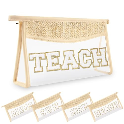 Teacher Appreciation Gifts Boho Straw Clear Makeup Bags, Zipper Cosmetic Bag Chenille Letter Patch Bag, Preppy Cute Beach Toiletry Pouch, Trendy Graduation Retirement Birthday Teacher Gifts for Women | Amazon (US)