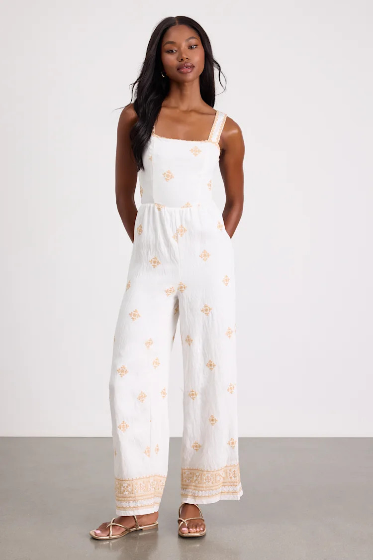 Arwen Ivory Embroidered Wide-Leg Jumpsuit | Lulus