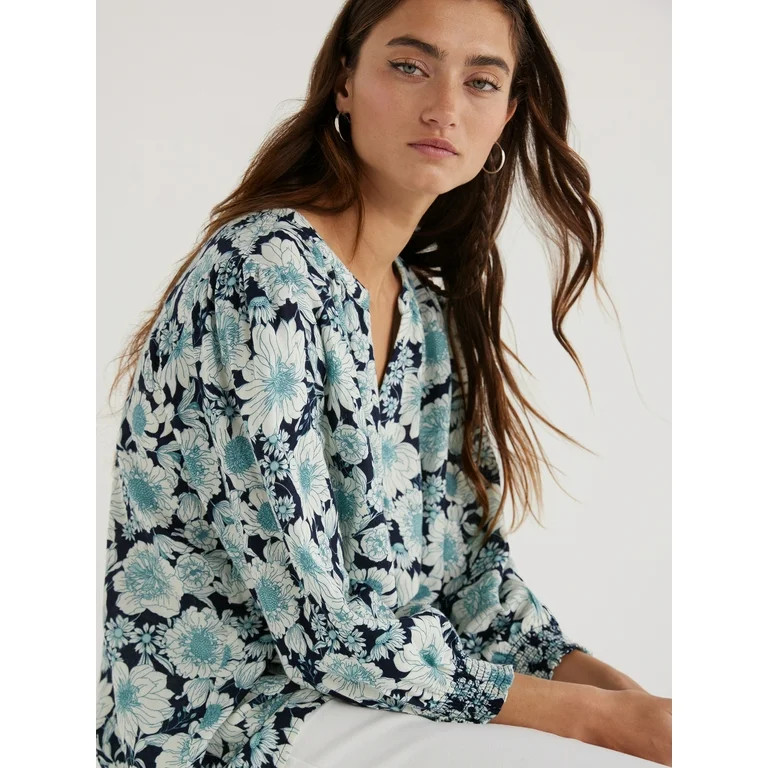 Time and Tru Women’s Double Cloth Peasant Top with Long Sleeves, Sizes XS-XXXL | Walmart (US)