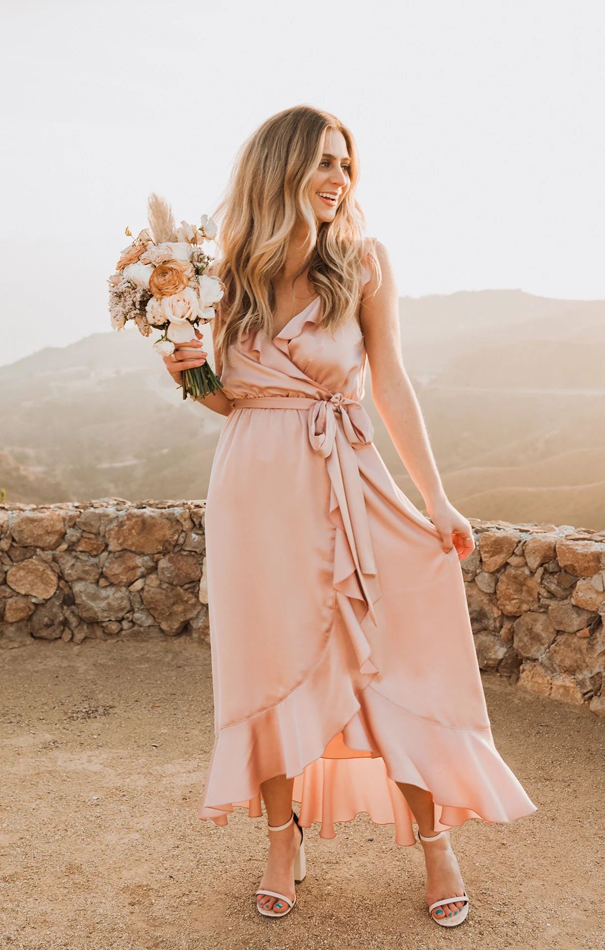 Samantha Ruffle Wrap Dress ~ Rose Gold Luxe Satin | Show Me Your Mumu