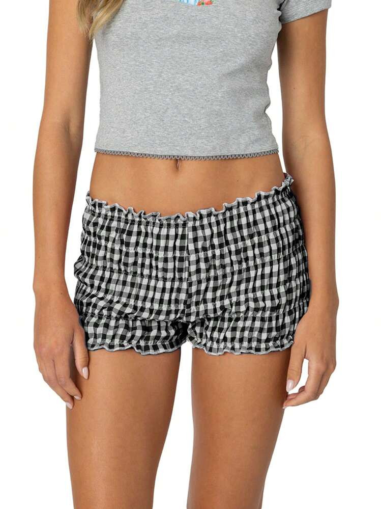 LocalWomen Gingham Smocked Boxers Shorts Y2k Tiered Ruffle Ruched Plaid Pajama Micro Shorts Lolita Bloomers Streetwear | SHEIN