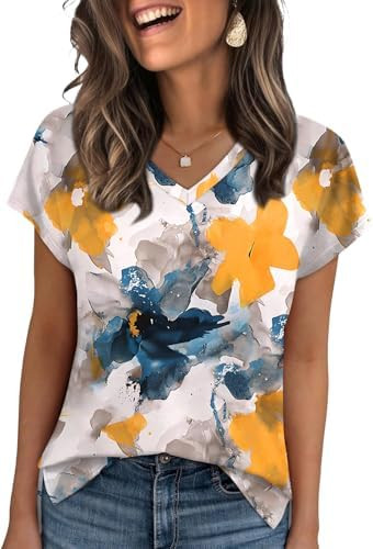 WIHOLL Womens Tops Basic Summer V Neck T Shirts Short Sleeve Dressy Casual Loose Fit Cute Tee Clo... | Amazon (US)