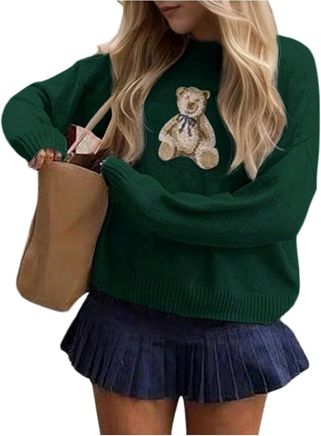 Floerns Women's Bear Long Sleeve Pullover Sweater Cute Crew Neck Knitted Tops | Amazon (US)