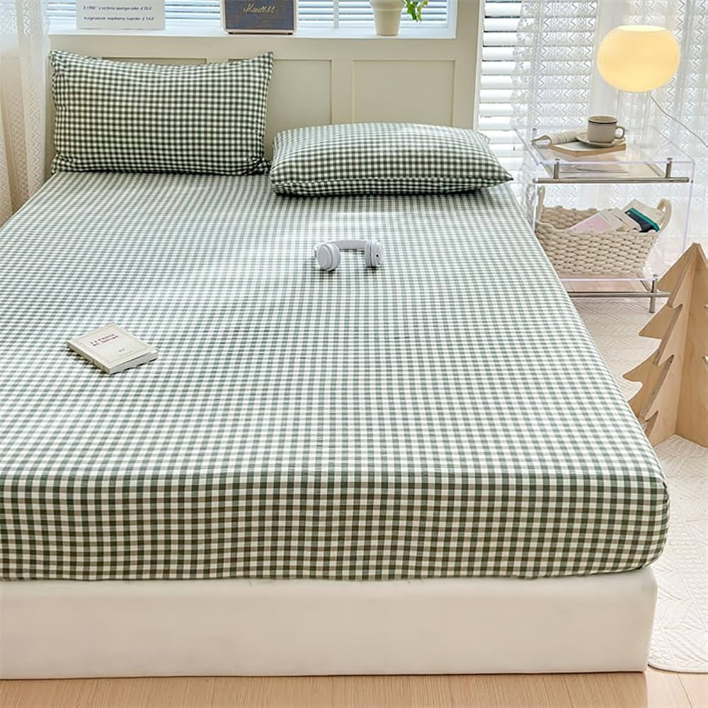 LifeTB Green Gingham Fitted Sheet Queen 1 Piece Plaid Bedding Sheet Soft 100% Washed Cotton Grid ... | Amazon (US)