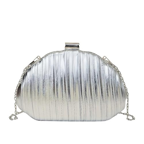 Shell Shaped Clutch Ruched Hard Shell Purse with Chain Strap Satin Evening Bag Wedding Purses for Women (Silver) | Amazon (US)