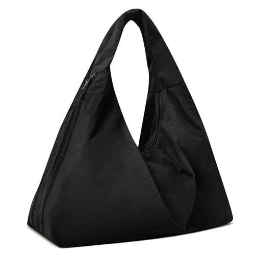 Extolove Slouchy Tote Bag Multipockets Nylon Purse Large Hobo Bags for Women Solid Color Crescent Handbag (Black) | Amazon (US)