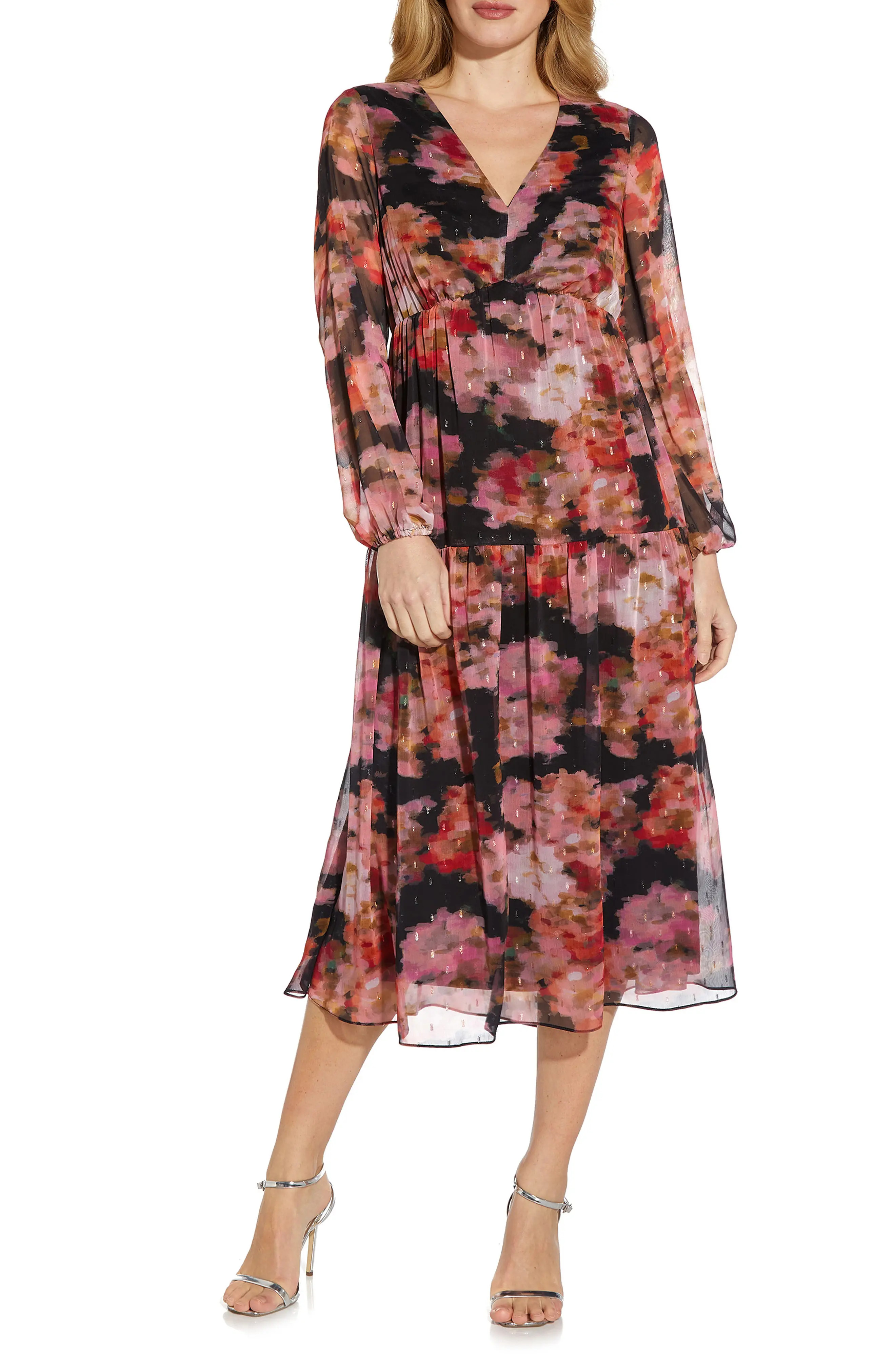 Adrianna Papell Floral Print Tiered Long Sleeve Chiffon Dress in Pink Multi at Nordstrom, Size 6 | Nordstrom