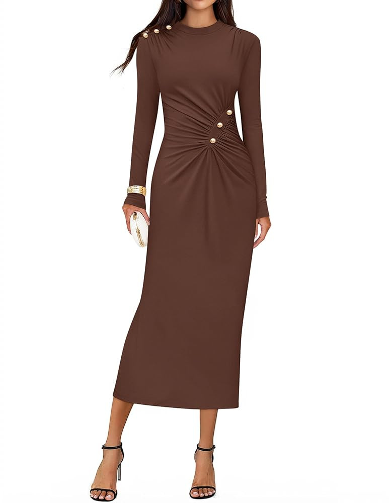 ZESICA Womens 2025 Fall Long Sleeve Mock Neck Bodycon Midi Dress Ruched Knit Elegant Party Cockta... | Amazon (US)