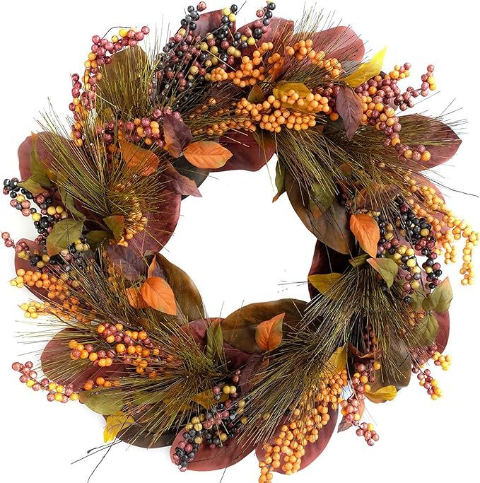 TEMPUS 20 inch Fall Wreath Magnolia Leaves with Pine Needle Yellow Berry Wreath for Front Door Ha... | Amazon (US)