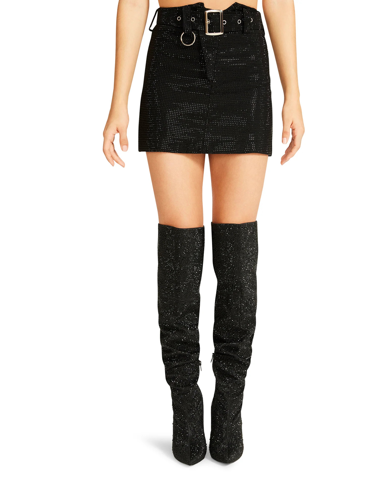 RHINESTONE BELTED SKIRT BLACK | Steve Madden (US)