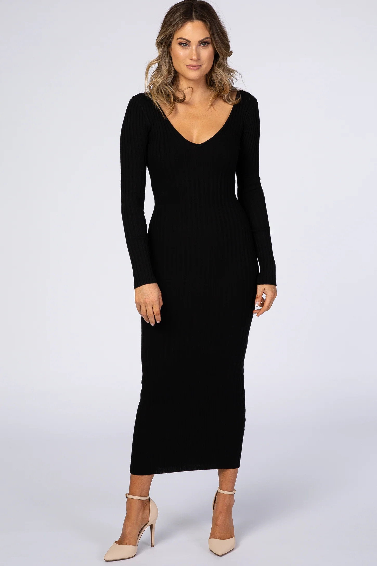 Black V-Neck Long Sleeve Fitted Maxi Dress | PinkBlush Maternity