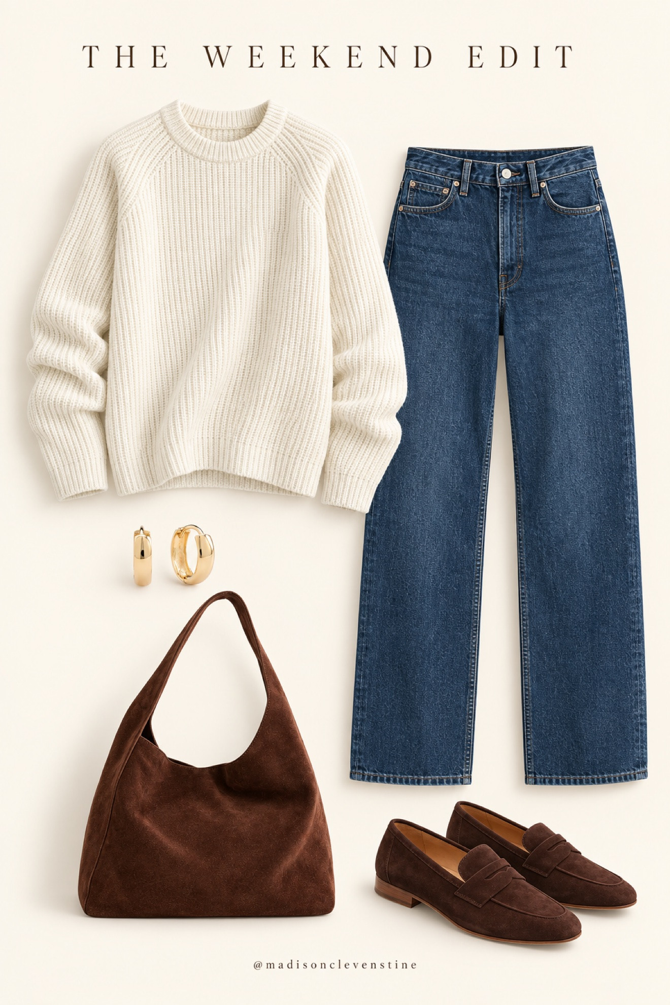 A weekend outfit uniform: a cream ribbed sweater, dark-wash jeans, and polished gold hoops. Effortless and elegant for the season. Comment SHOP for details. #ltkstyle #weekendoutfit #fallstyle 

 #LTKootd #LTKSeasonal