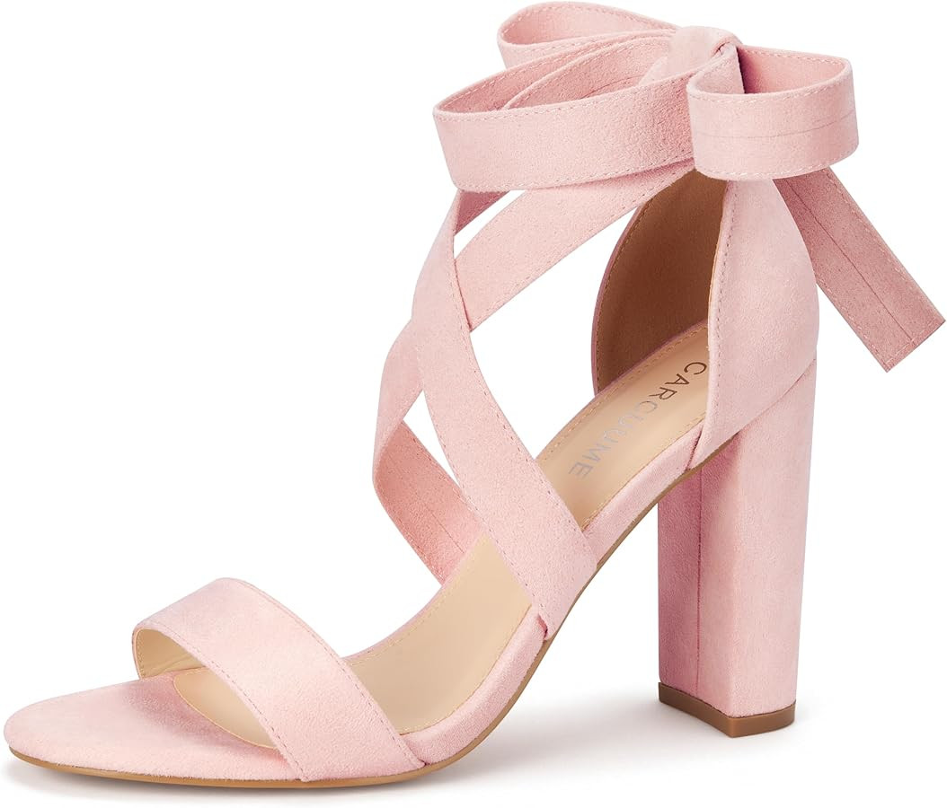 Strappy Heels for Women Chunky Heels High Heeled Sandals with Lace Up Fahsion Casual Nude Block H... | Amazon (US)