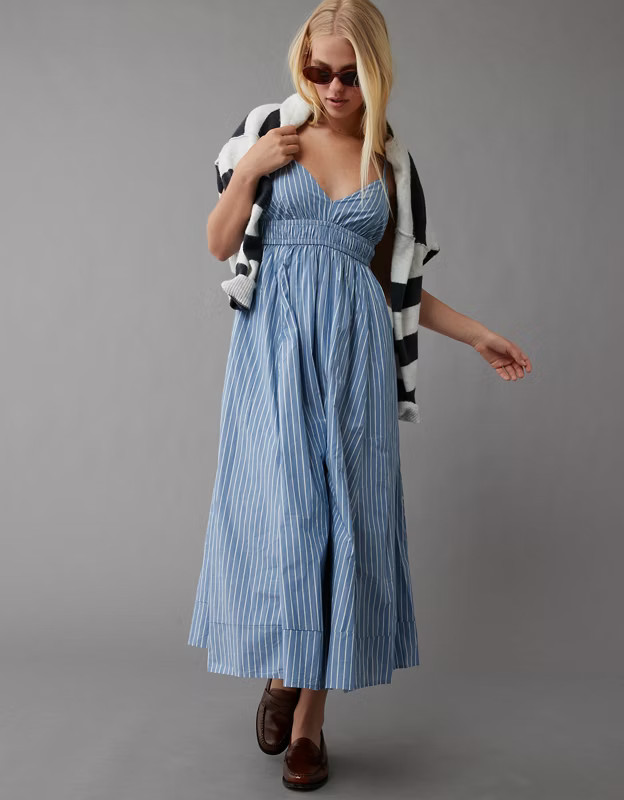 AE Poplin V-Neck Midi Dress | American Eagle Outfitters (US & CA)