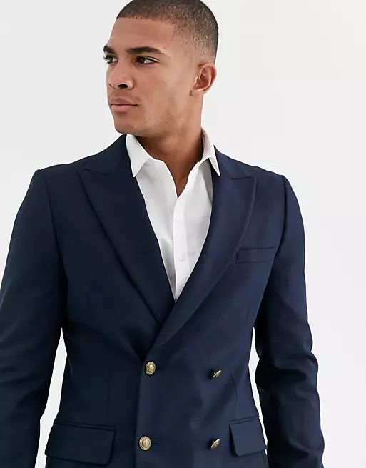 ASOS DESIGN skinny double breasted blazer with gold button in navy | ASOS (Global)