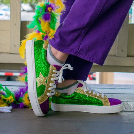 Mardi Gras party outfit | sequin sparkly sneaker shoes | Amazon find | feather boa | purple cargo pants | purple green and gold accessoriess

#LTKstyletip #LTKparties #LTKMostLoved