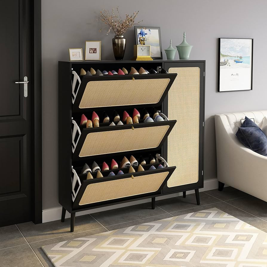 FOKWE Natural Rattan Shoe Cabinet, Shoe Cabinet with 3 Flip Drawers and Storage Shelves, Modern 3... | Amazon (US)