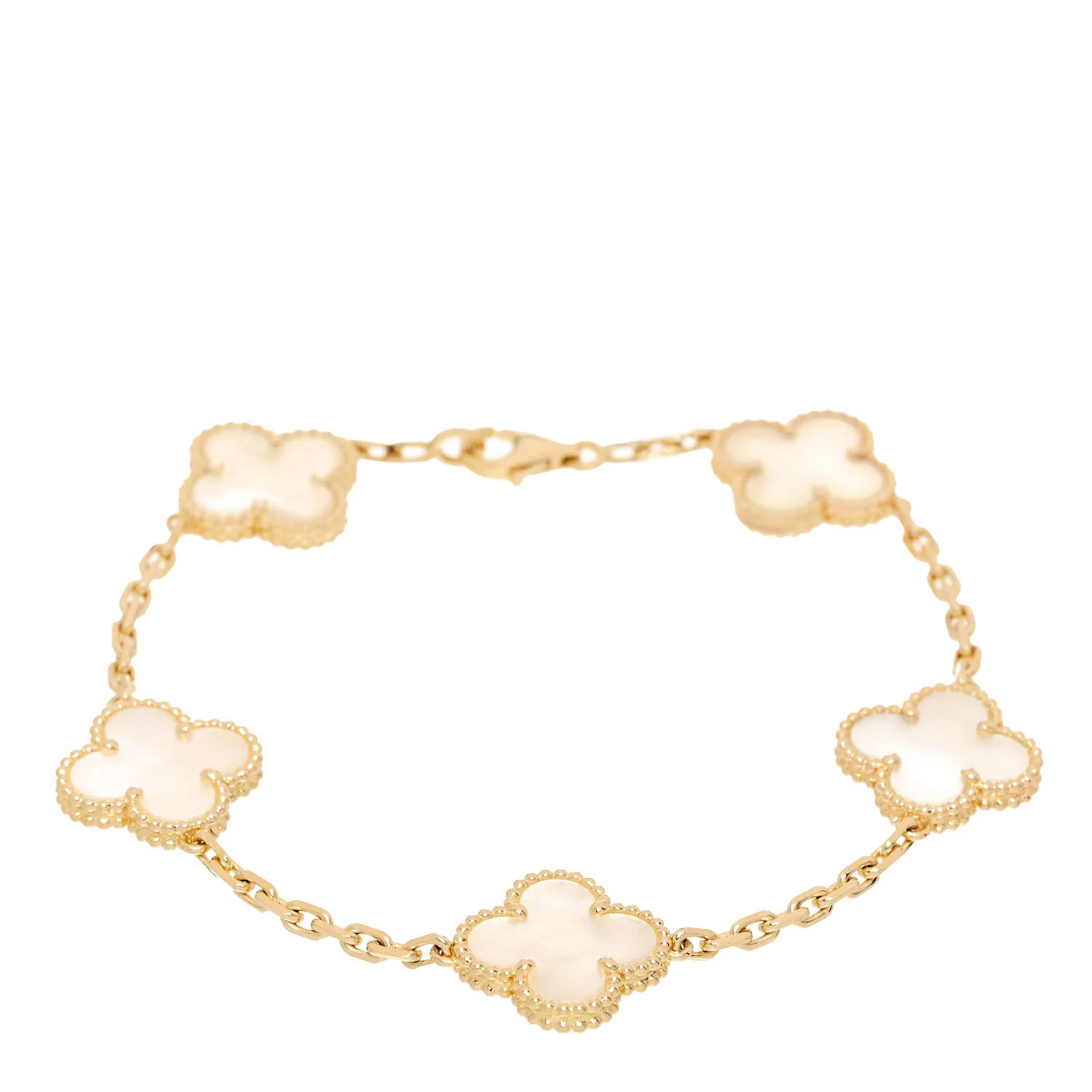 18K Yellow Gold Mother of Pearl 5 Motifs Vintage Alhambra Bracelet | FASHIONPHILE (US)