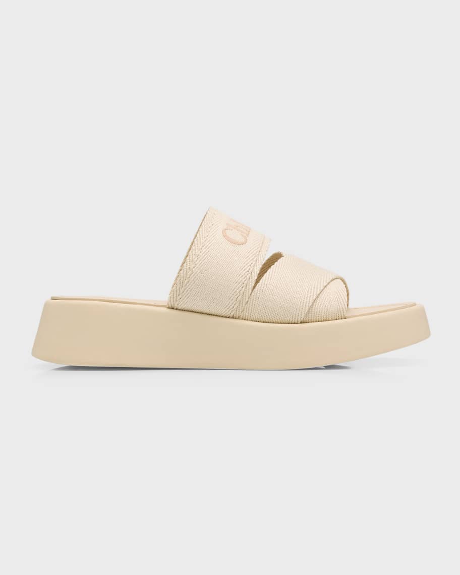 Chloe Mila Linen Logo Slide Sandals | Neiman Marcus