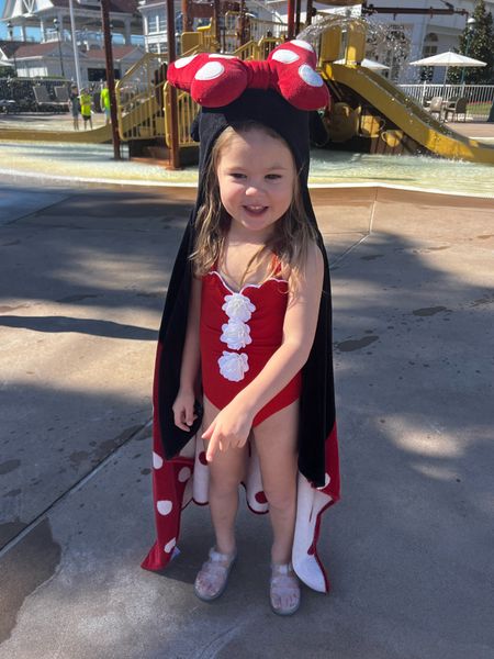 Minnie Mouse towel. Red swimsuit. Disney. Disney swimsuit. Janie and Jack swimsuit 