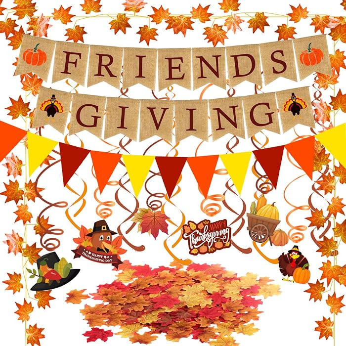 Famoby FRIENDSGIVING Burlap Banner Paper Triangular Bunting Maple leaf Garland Plastic Streamer f... | Amazon (US)