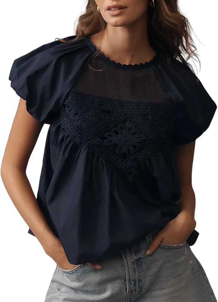 VAOYIU Women Floral Lace Top Cute Puff Short Sleeve Babydoll Blouse Casual Crew Neck Mesh Swing S... | Amazon (US)