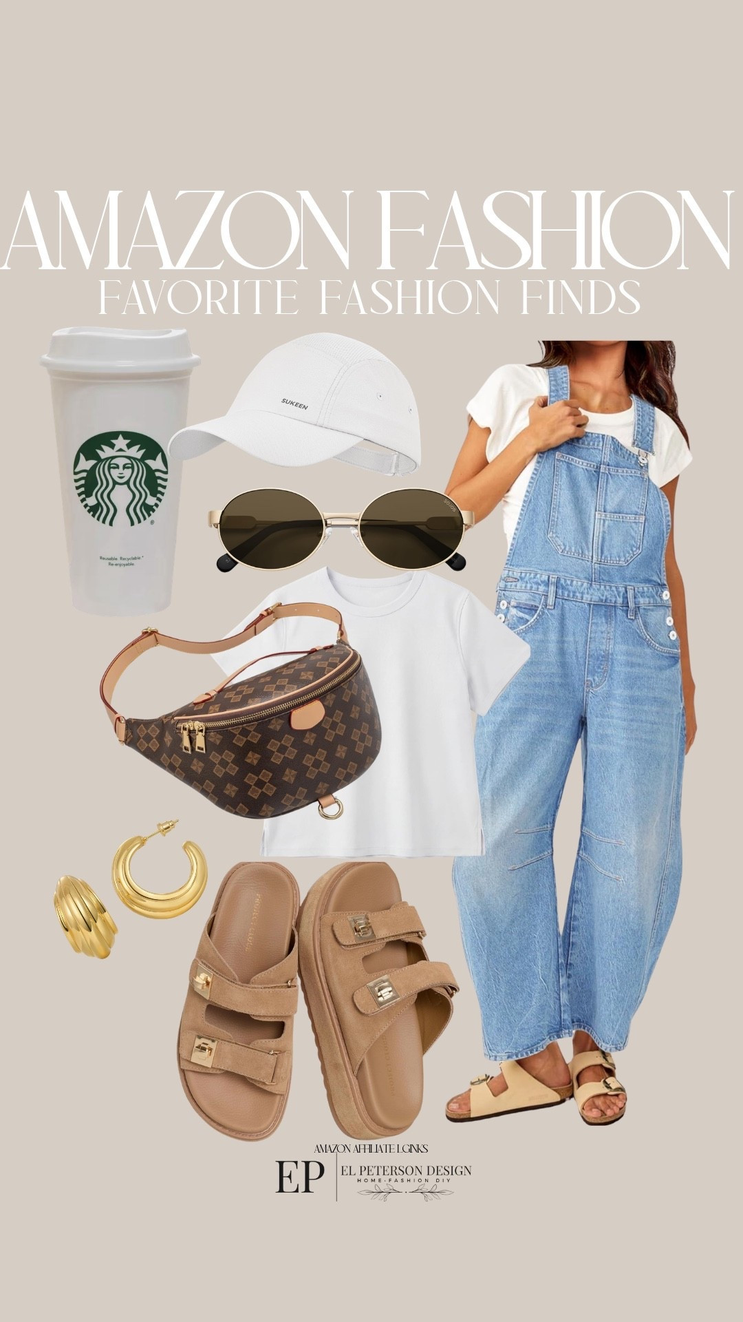 Amazon
Starbucks cup
Overalls
Sandals
Earrings
Sunglasses
Cap
Belt bag
