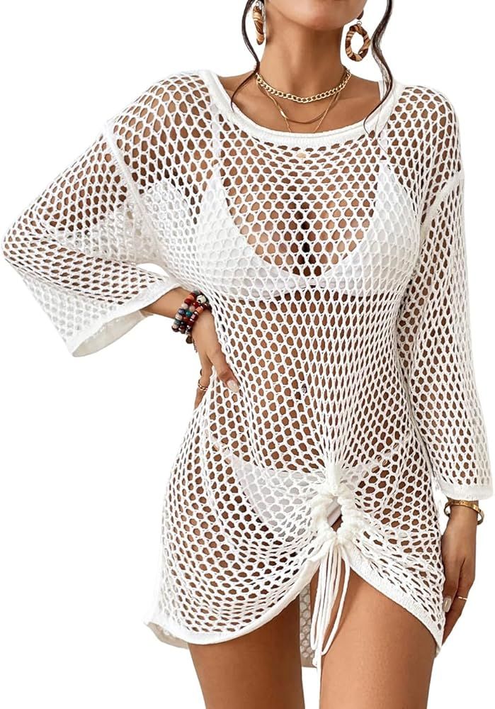Bsubseach Long Sleeve Crochet Beach Cover Up for Women Hollow Out Bikini Swimsuit Coverup | Amazon (US)