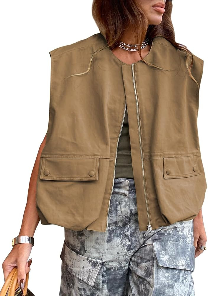 Women's Sleeveless Cargo Outerwear Vests Oversized Zip Up Ruched Hem Blazer Casual Jacket Vest To... | Amazon (US)