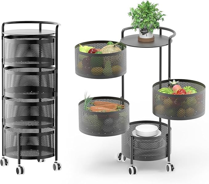 Kitchen Storage Rack No Assembly, 4-Tier Metal Storage Tower Cart Organizer on Rolling Wheels wit... | Amazon (US)