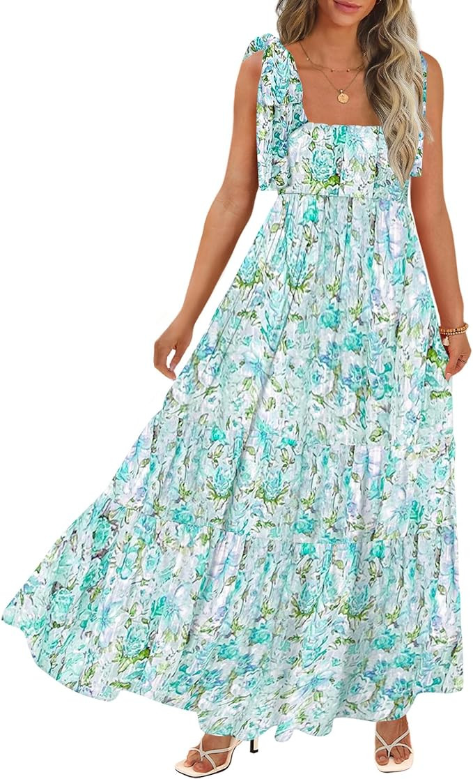 Women's Summer Maxi Dress Boho Spaghetti Straps Casual Long A-line Smocked Beach Dress Square Nec... | Amazon (US)