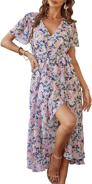 PRETTYGARDEN Women's 2024 Floral Boho Dress Wrap V Neck Short Sleeve Belted Ruffle Hem A-Line Flo... | Amazon (US)