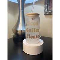 Ice Coffee Please Frosted Glass 16 0Z Drink Cup With Bamboo Lid & Straw, Fun Summer Design Libbey Style Can Cup, Personalized Cup | Etsy (US)