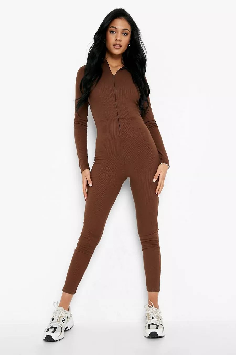 Tall Rib Zip Detail Collard Unitard | Boohoo.com (US & CA)