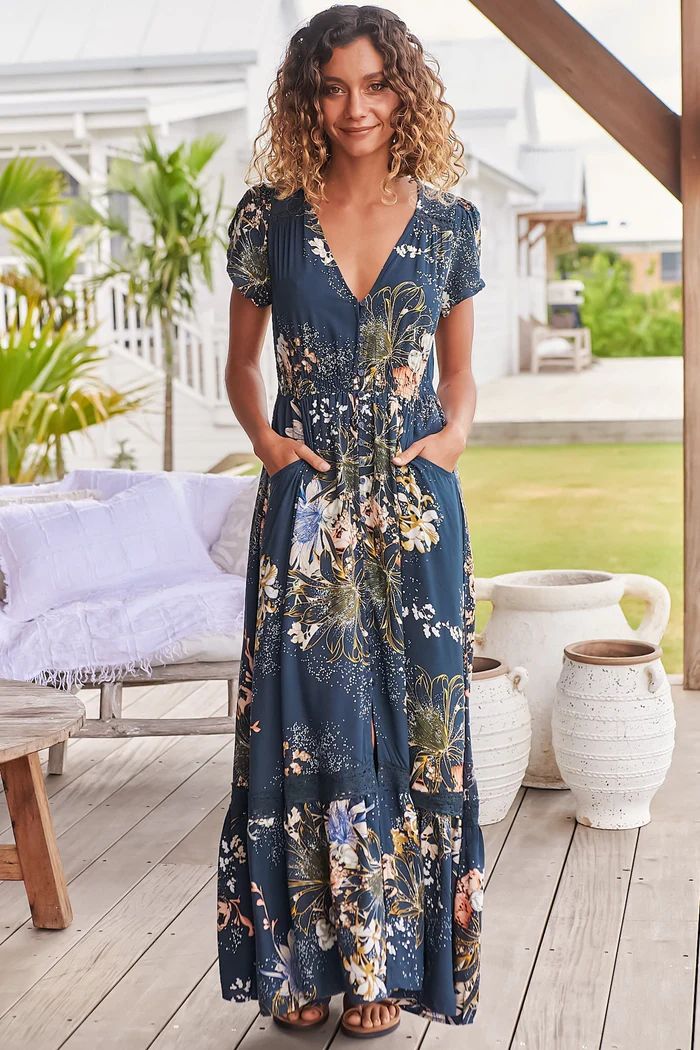 JAASE - Carmen Maxi Dress: Butterfly Cap Sleeve Button Down A Line Dress with Lace Trim in Indigo... | Salty Crush