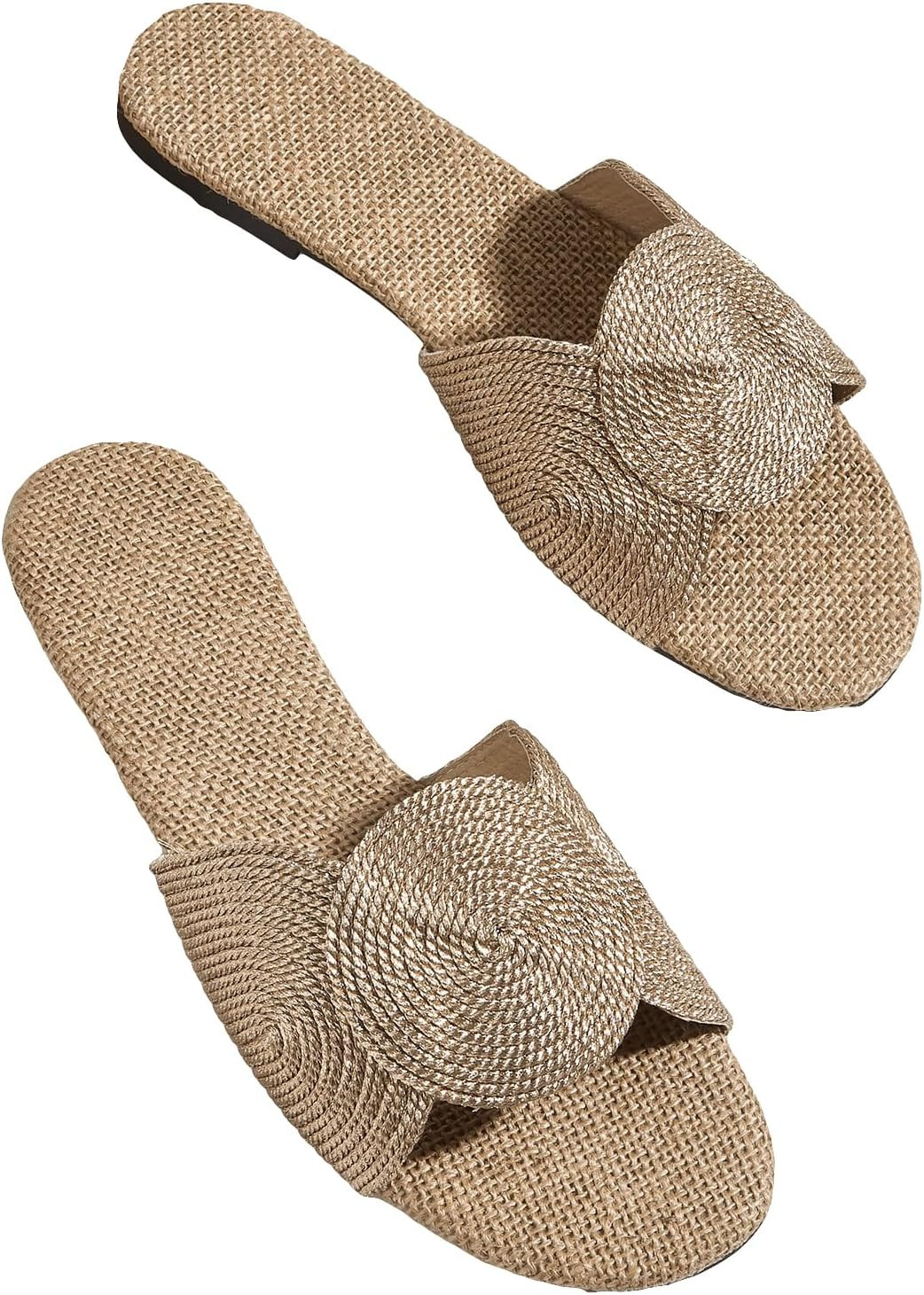 OYOANGLE Women's Round Decor Open Toe Flat Sandals Solid Casual Summer Outdoor Boho Beach Slides | Amazon (US)