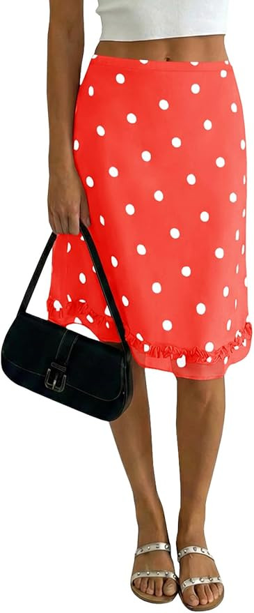 Womens Polka Dot Midi Skirt Going Out Low Rise Skirts Mesh Ruffle Hem Casual Skirt | Amazon (US)