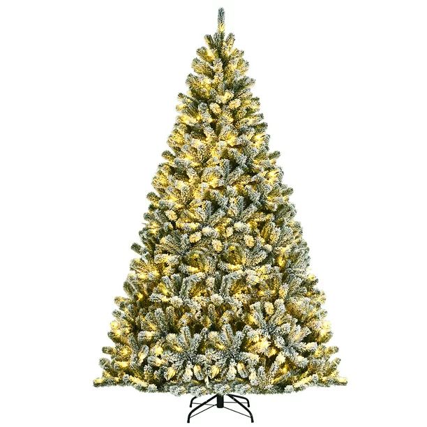 Costway 8ft Pre-lit Snow Flocked Hinged Christmas Tree w/1502 Tips & Metal Stand - Walmart.com | Walmart (US)