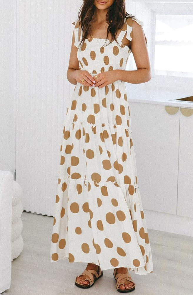 ZESICA Women's Summer Boho Spaghetti Strap Square Neck Solid Color Ruffle A Line Beach Long Maxi Dre | Amazon (US)