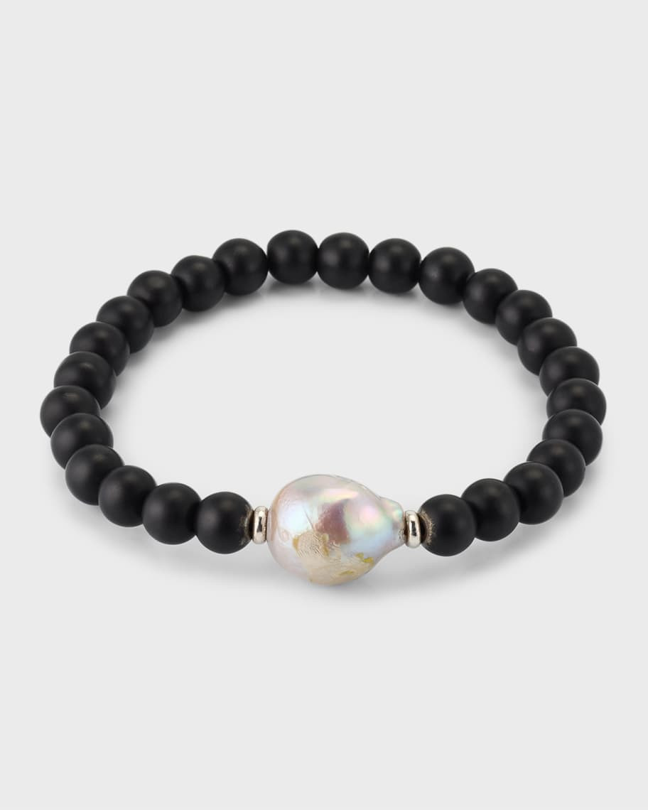 Jan Leslie Men's Black Onyx Beaded Bracelet with Pearl Center | Neiman Marcus