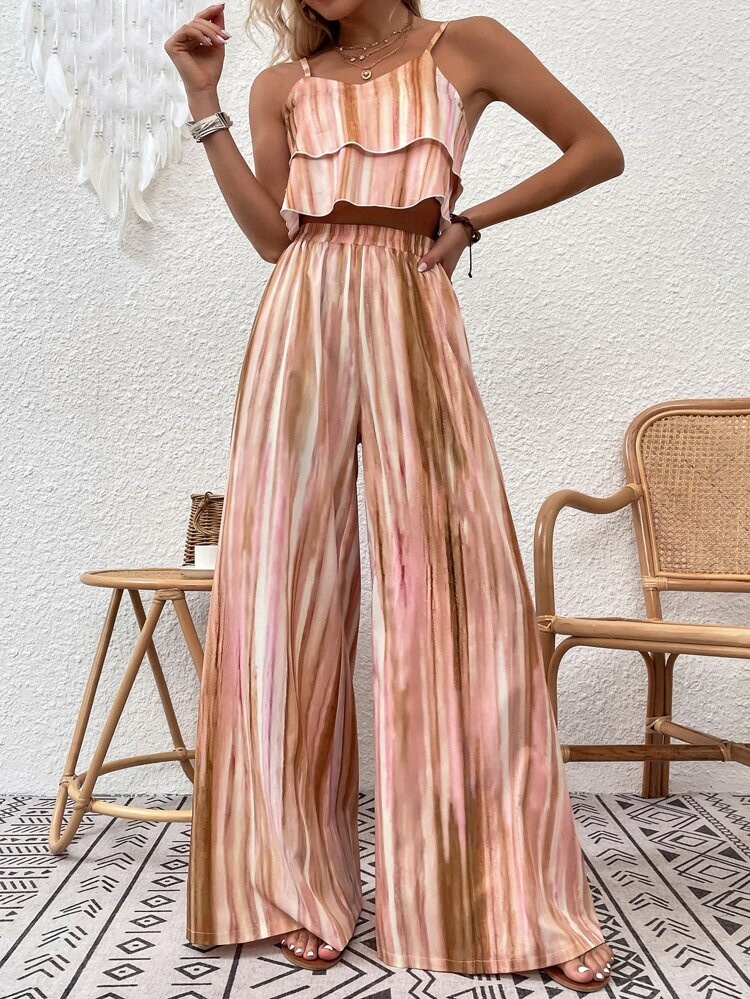 Tie Dye Layered Hem Cami Top & Wide Leg Trousers | SHEIN
