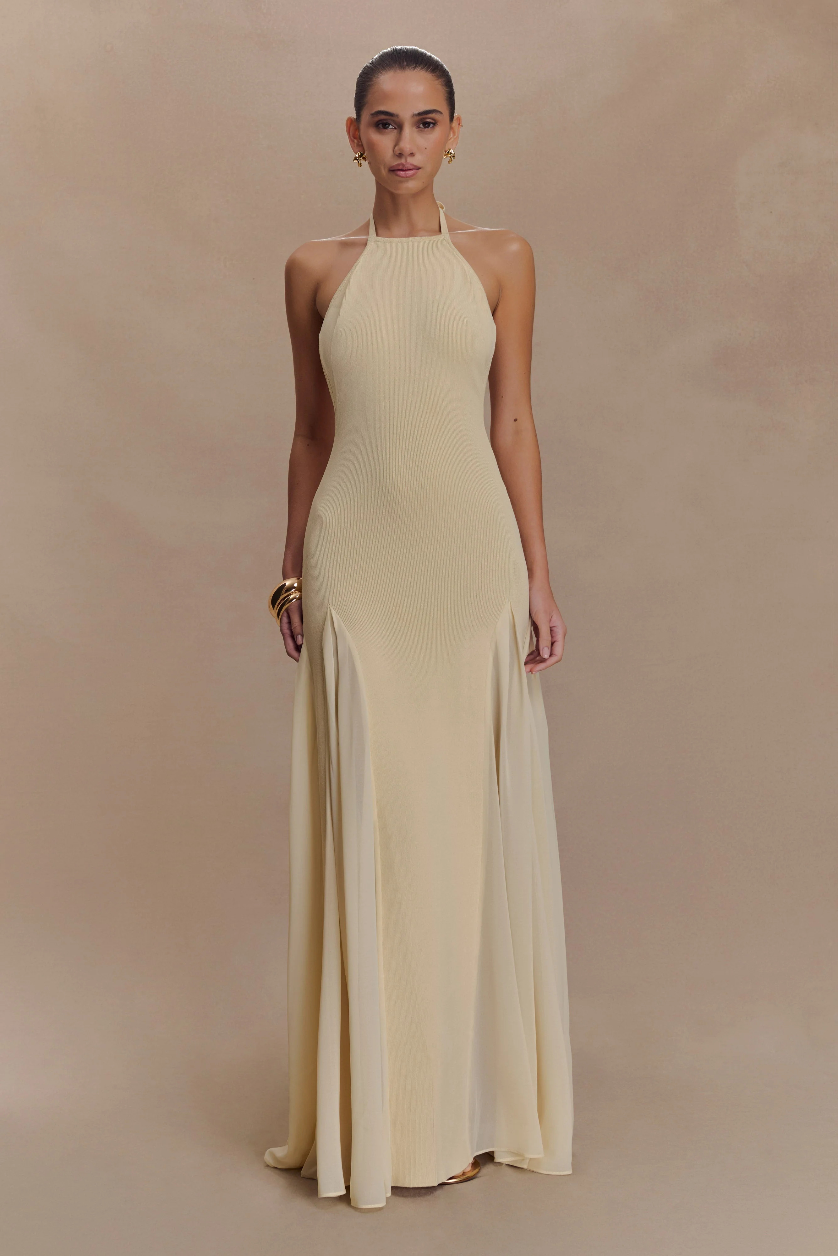 Soleil Knit And Mesh Halter Maxi Dress - Cream | MESHKI US