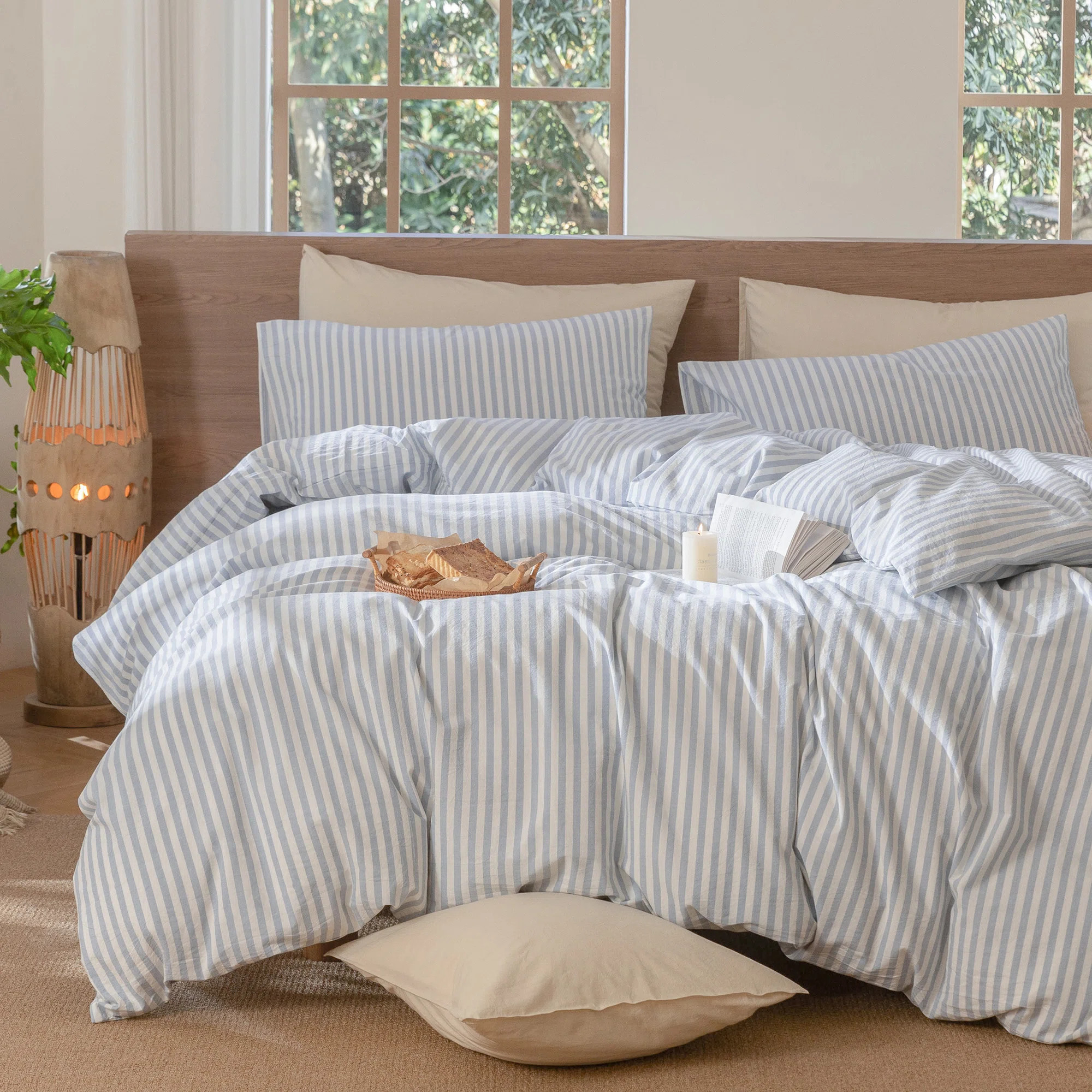 MooMee Striped Duvet Cover Set 100% Washed Cotton Linen Like Textured | Wayfair North America