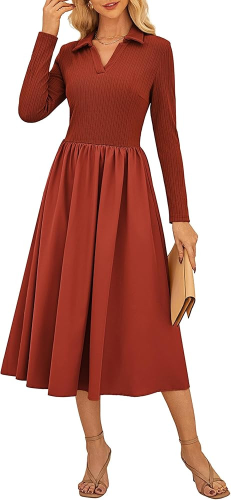 Kate Kasin Women's Fall Long Sleeve Midi Dress 2025 Casual Polo V Neck Ribbed Knit A Line Flowy W... | Amazon (US)
