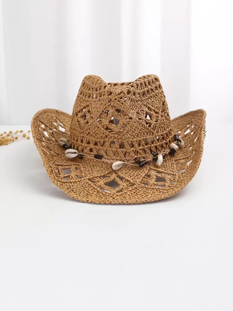 Boho 1pc Women Shell Decor Hollow Out Straw Hat Sun Hat For Women Cowboy Hat | SHEIN