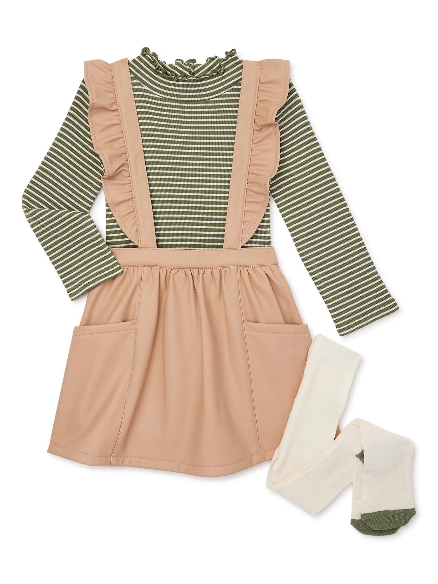 Wonder Nation Toddler Girl Pinafore, Top and Tights Outfit Set, 3-Piece, Sizes 12M-5T | Walmart (US)