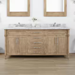 Home Decorators Collection Aberdeen 72 in. W x 22 in. D x 34.5 in. H Double Sink Bath Vanity in Antique Oak with Carrara Marble Top | The Home Depot